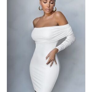 Club L London Off Shoulder Mesh Long Sleeve Ruched Mini Dress White Size 10